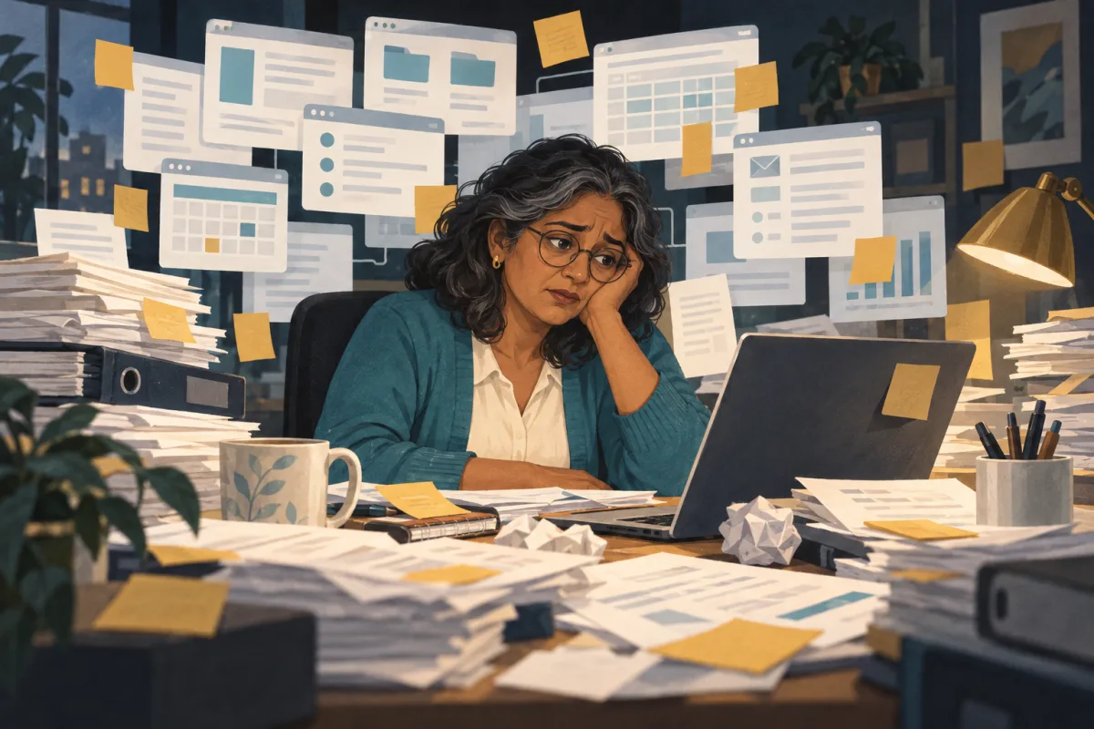 Before: a project lead at a desk buried in open windows, sticky notes and paper.