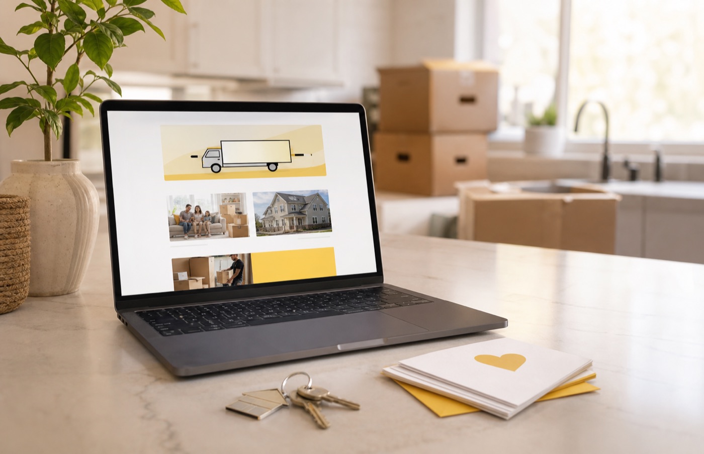 Generated home move planning screen beside packed boxes