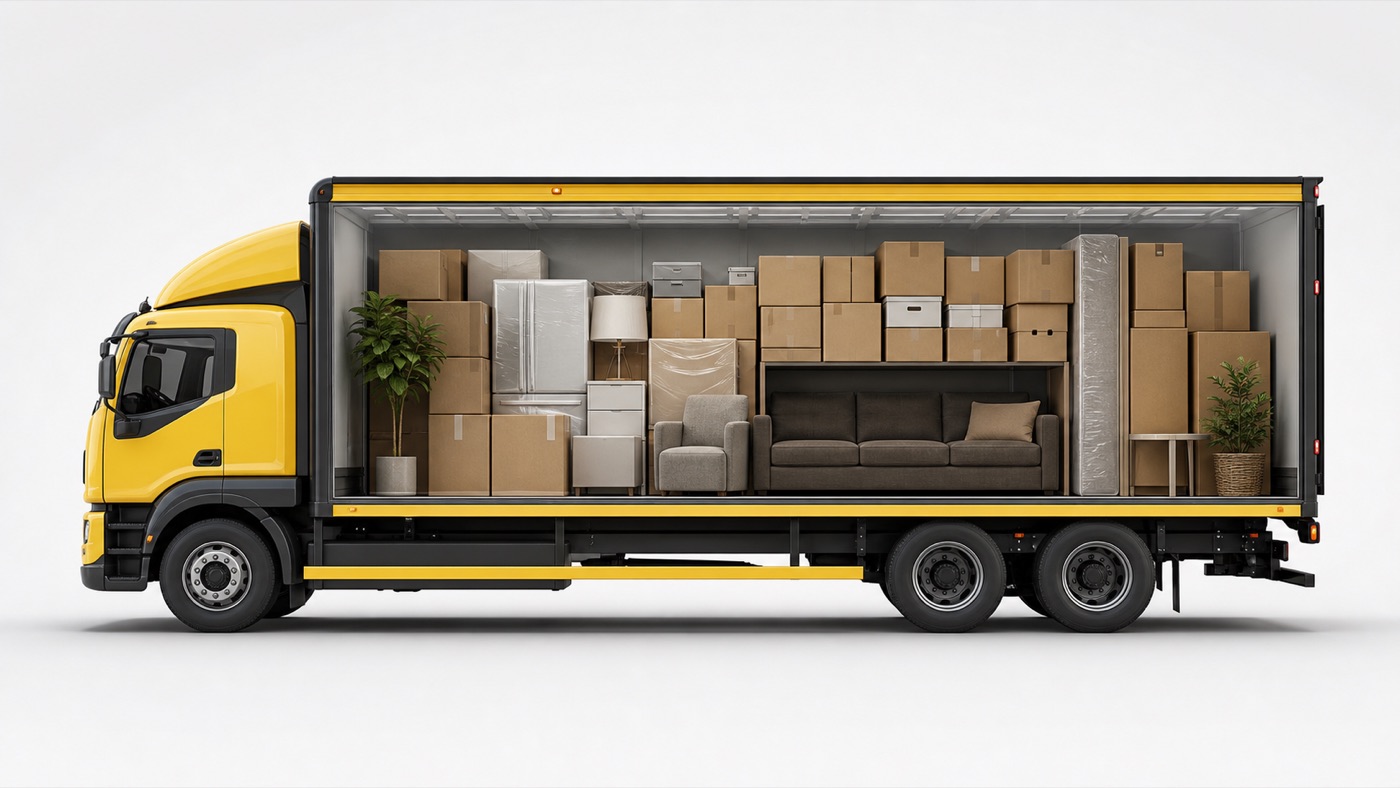 Generated side view of a loaded moving truck